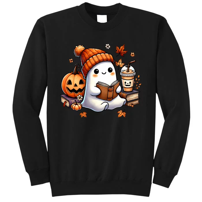 Cute Ghost Reading Book Lovers Halloween Ghost Coffee Women Tall Sweatshirt