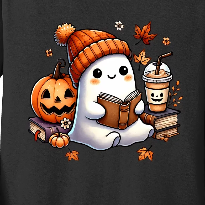 Cute Ghost Reading Book Lovers Halloween Ghost Coffee Women Kids Long Sleeve Shirt