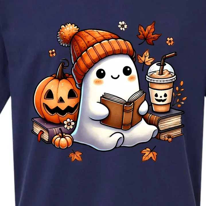 Cute Ghost Reading Book Lovers Halloween Ghost Coffee Women Sueded Cloud Jersey T-Shirt