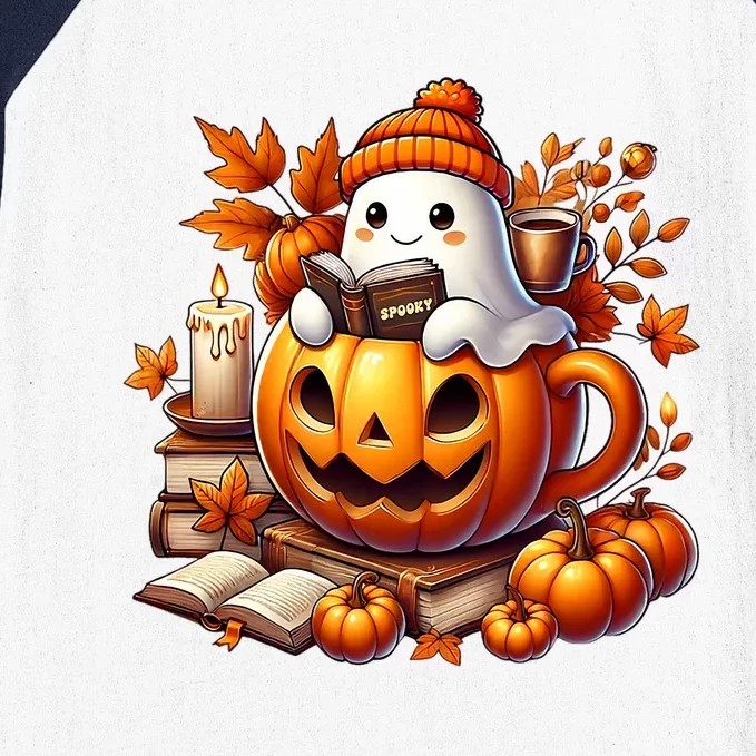 Cute Ghost Reading Book Lovers Halloween Autumn Ghost Coffee Baseball Sleeve Shirt