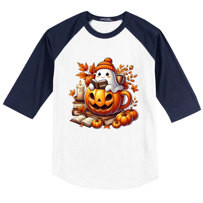 Cute Ghost Reading Book Lovers Halloween Autumn Ghost Coffee Baseball Sleeve Shirt