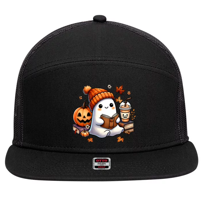 Cute Ghost Reading Book Lovers Halloween Ghost Coffee Women 7 Panel Mesh Trucker Snapback Hat