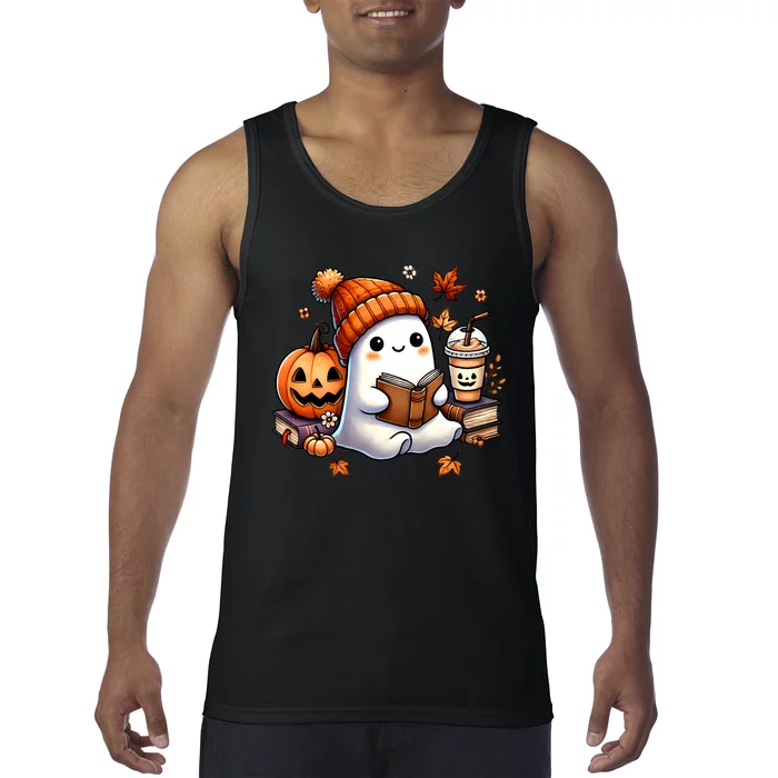 Cute Ghost Reading Book Lovers Halloween Ghost Coffee Women Tank Top