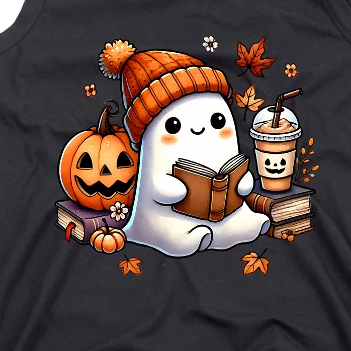 Cute Ghost Reading Book Lovers Halloween Ghost Coffee Women Tank Top