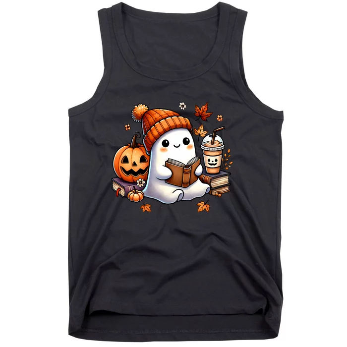 Cute Ghost Reading Book Lovers Halloween Ghost Coffee Women Tank Top