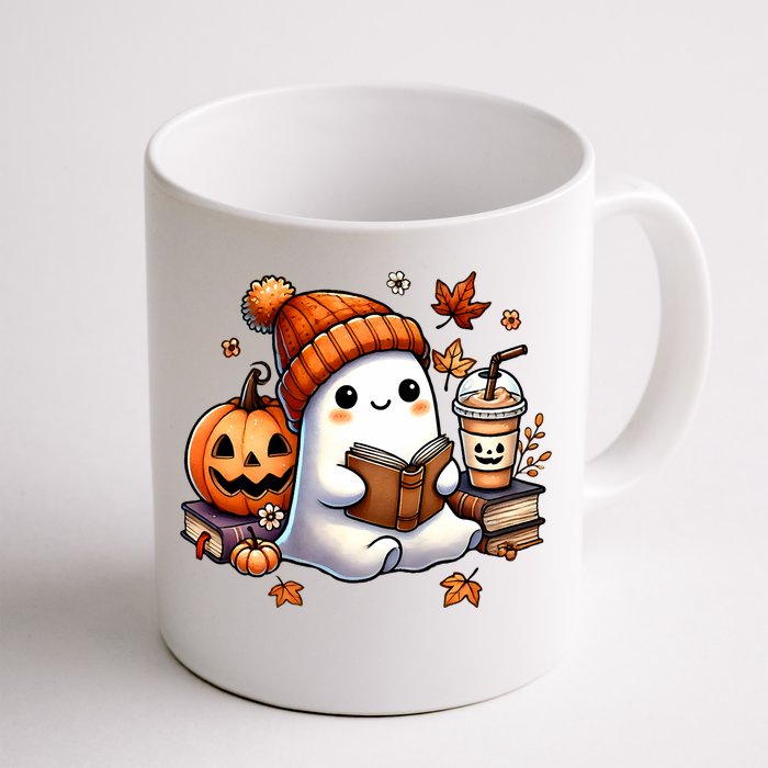 Cute Ghost Reading Book Lovers Halloween Ghost Coffee Women Front & Back Coffee Mug