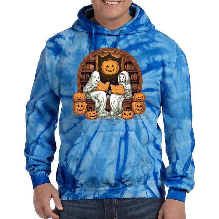 Cute Ghost Reading Books Halloween Librarian Book Gift Tie Dye Hoodie