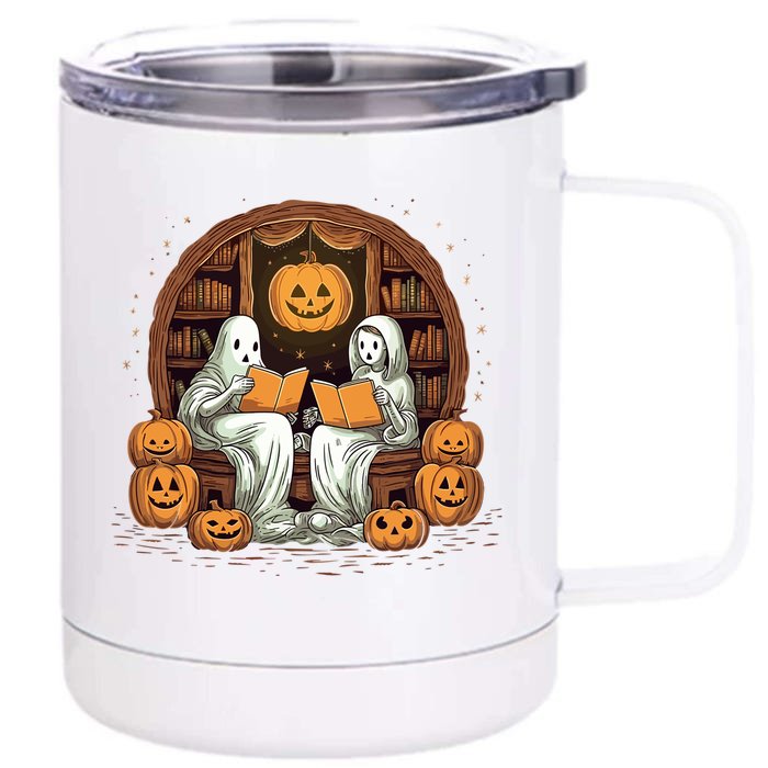 Cute Ghost Reading Books Halloween Librarian Book Gift Front & Back 12oz Stainless Steel Tumbler Cup