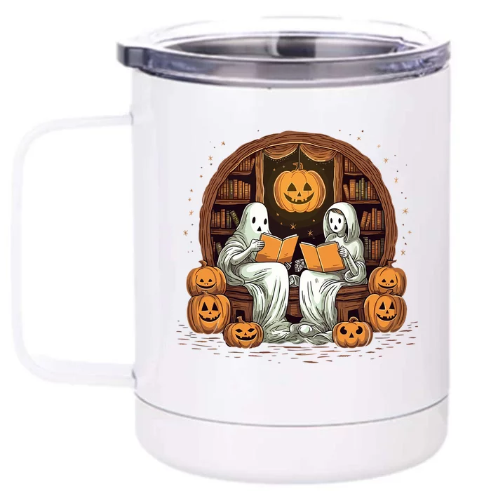 Cute Ghost Reading Books Halloween Librarian Book Gift Front & Back 12oz Stainless Steel Tumbler Cup