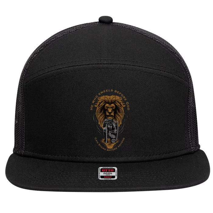 Christian Gifts Religious Kneeling Warrior Lion Of Judah 7 Panel Mesh Trucker Snapback Hat