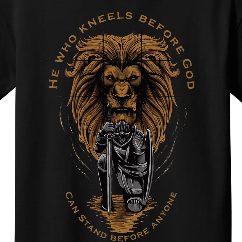 Christian Gifts Religious Kneeling Warrior Lion Of Judah Kids T-Shirt