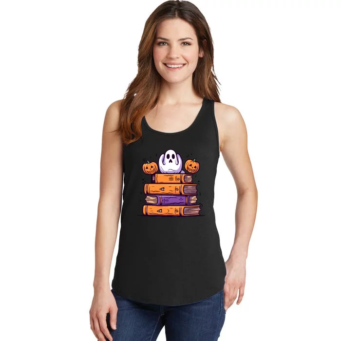 Cute Ghost Reading Books Halloween Librarian Book Ladies Essential Tank