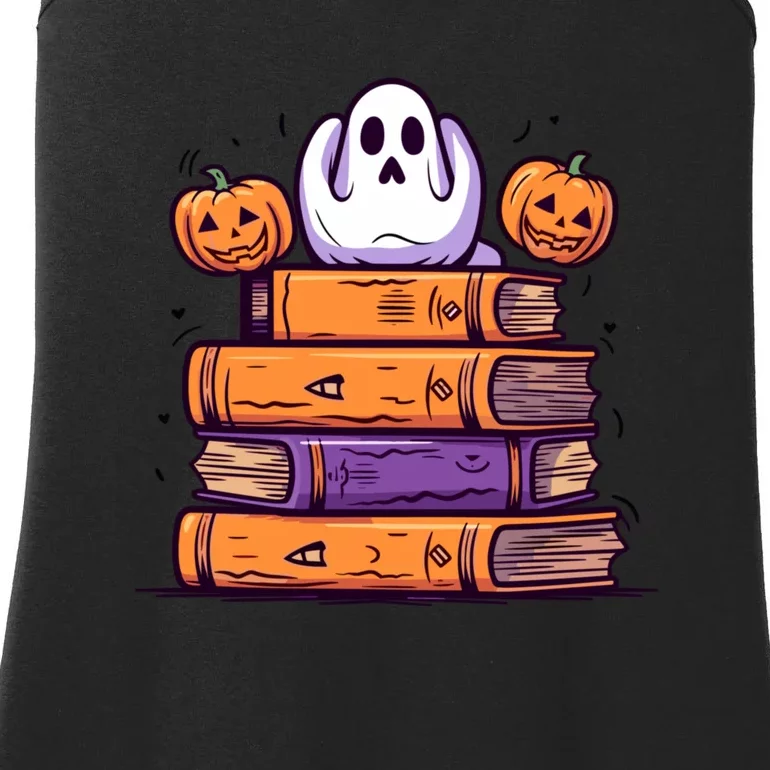 Cute Ghost Reading Books Halloween Librarian Book Ladies Essential Tank