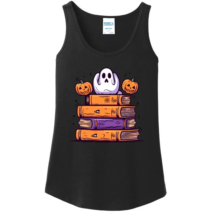 Cute Ghost Reading Books Halloween Librarian Book Ladies Essential Tank