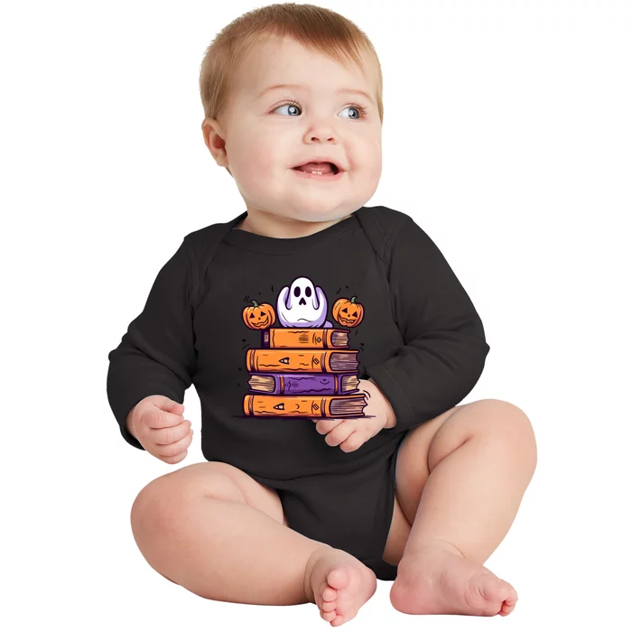 Cute Ghost Reading Books Halloween Librarian Book Baby Long Sleeve Bodysuit