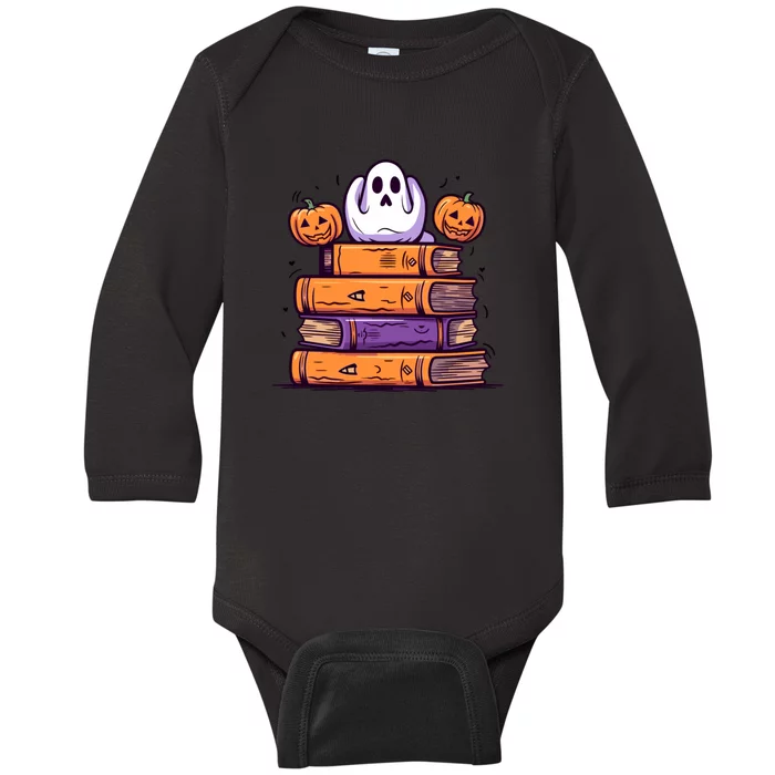 Cute Ghost Reading Books Halloween Librarian Book Baby Long Sleeve Bodysuit