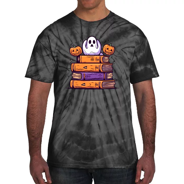 Cute Ghost Reading Books Halloween Librarian Book Tie-Dye T-Shirt