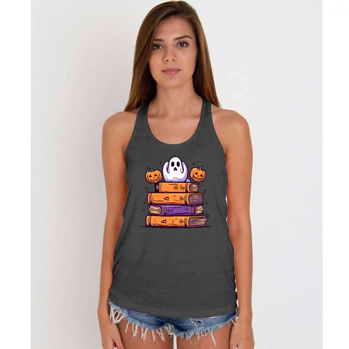 Cute Ghost Reading Books Halloween Librarian Book Women's Knotted Racerback Tank