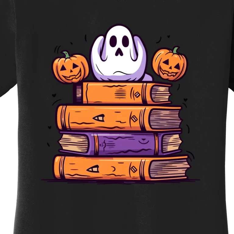 Cute Ghost Reading Books Halloween Librarian Book Women's T-Shirt