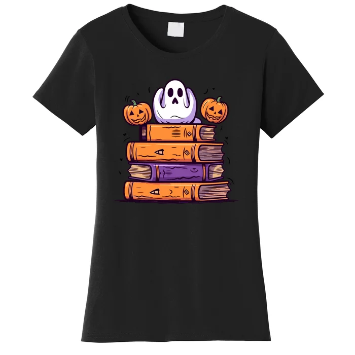 Cute Ghost Reading Books Halloween Librarian Book Women's T-Shirt