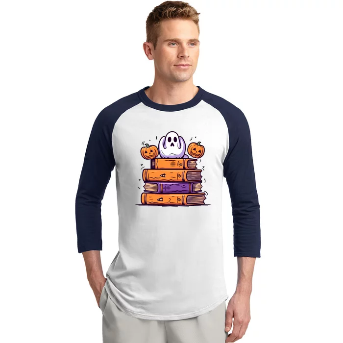 Cute Ghost Reading Books Halloween Librarian Book Baseball Sleeve Shirt