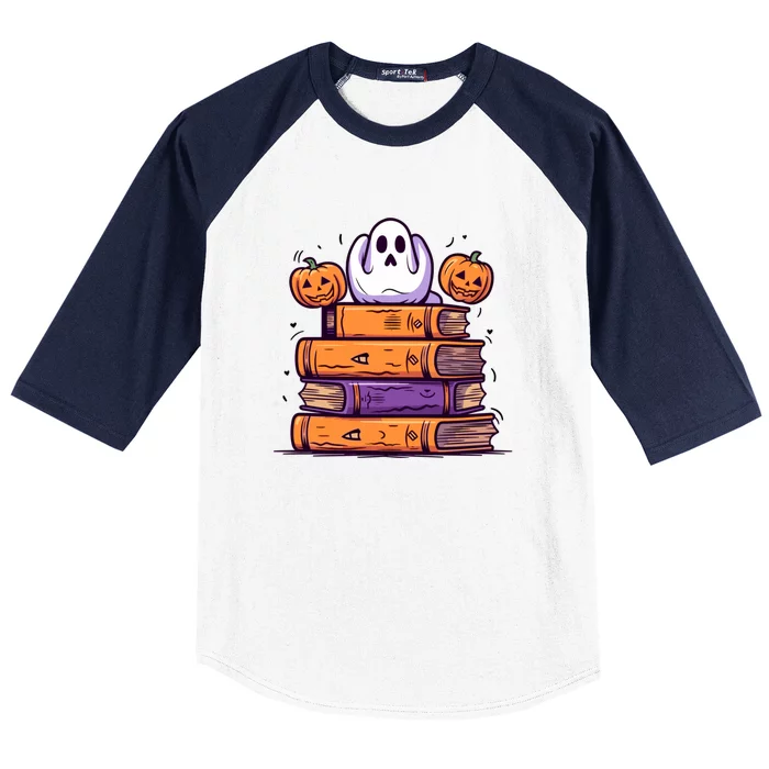 Cute Ghost Reading Books Halloween Librarian Book Baseball Sleeve Shirt