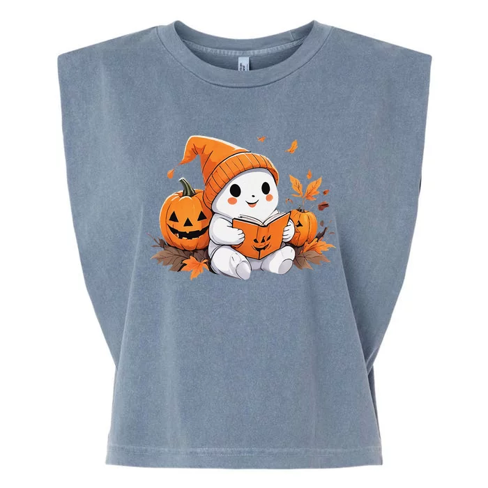 Cute Ghost Reading Books Funny Autumn Halloween Garment-Dyed Women's Muscle Tee