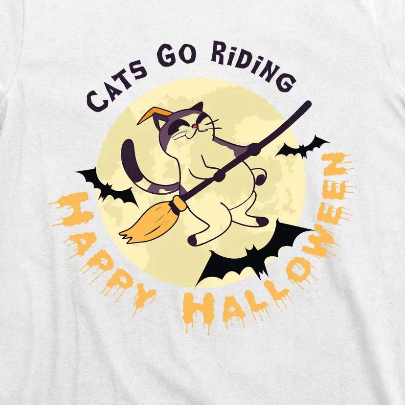 Cats Go Riding Happy Halloween Quotes Wich Brrom Bats Catoween T-Shirt