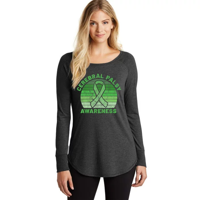 CP Green Ribbon Retro Sunset Cerebral Palsy Awareness Women's Perfect Tri Tunic Long Sleeve Shirt