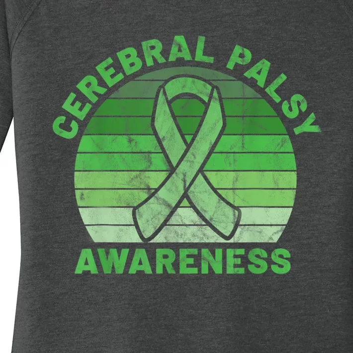 CP Green Ribbon Retro Sunset Cerebral Palsy Awareness Women's Perfect Tri Tunic Long Sleeve Shirt