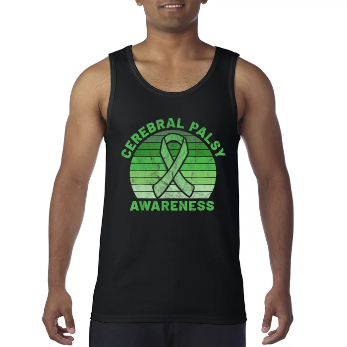 CP Green Ribbon Retro Sunset Cerebral Palsy Awareness Tank Top