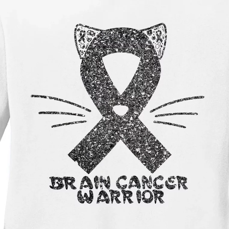 Cat Gray Ribbon Brain Cancer Awareness Warrior Cat Lover I Wear Gray Ladies Long Sleeve Shirt