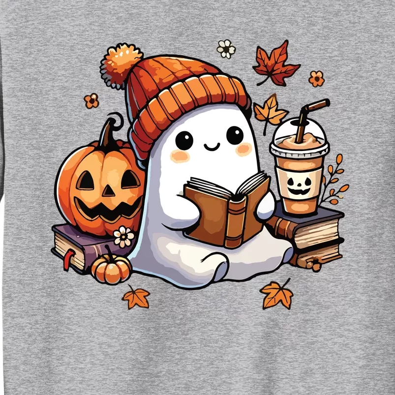 Cute Ghost Reading Book Lovers Halloween Ghost Coffee Women Tall Sweatshirt