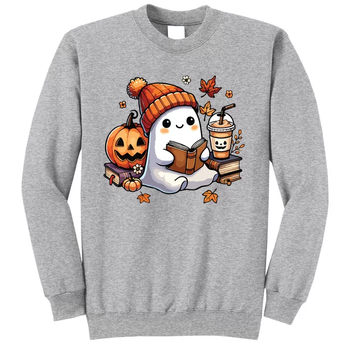 Cute Ghost Reading Book Lovers Halloween Ghost Coffee Women Tall Sweatshirt