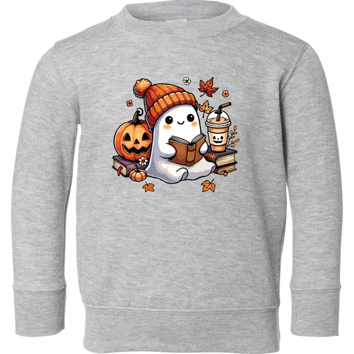 Cute Ghost Reading Book Lovers Halloween Ghost Coffee Women Toddler Sweatshirt