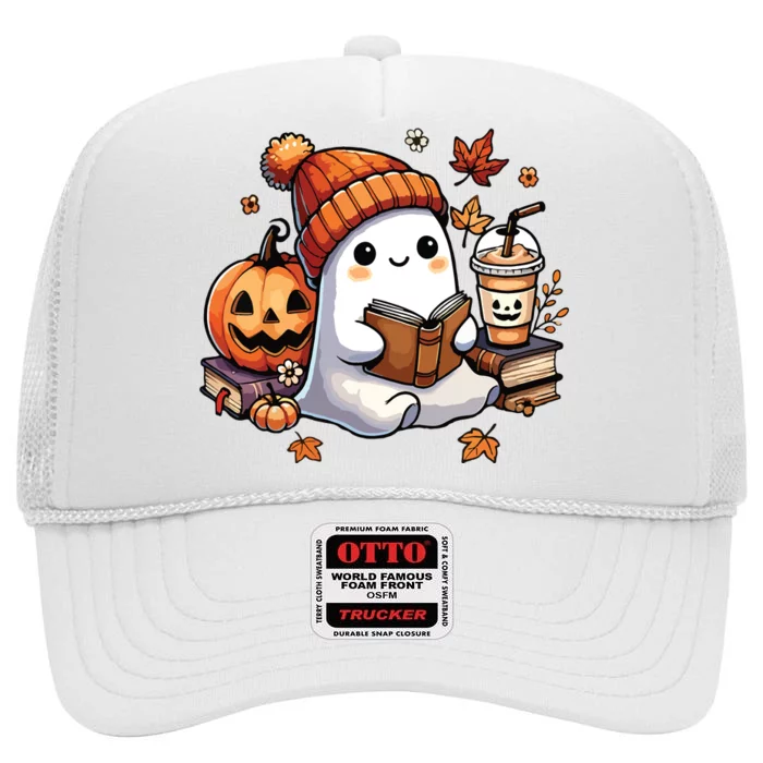 Cute Ghost Reading Book Lovers Halloween Ghost Coffee Women High Crown Mesh Trucker Hat