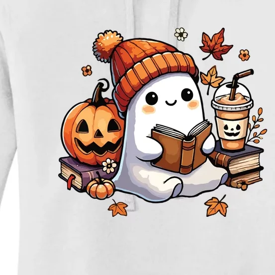 Cute Ghost Reading Book Lovers Halloween Ghost Coffee Women Women's Pullover Hoodie