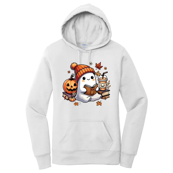 Cute Ghost Reading Book Lovers Halloween Ghost Coffee Women Women's Pullover Hoodie