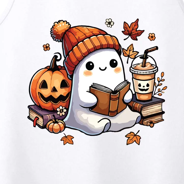 Cute Ghost Reading Book Lovers Halloween Ghost Coffee Women Performance Tank