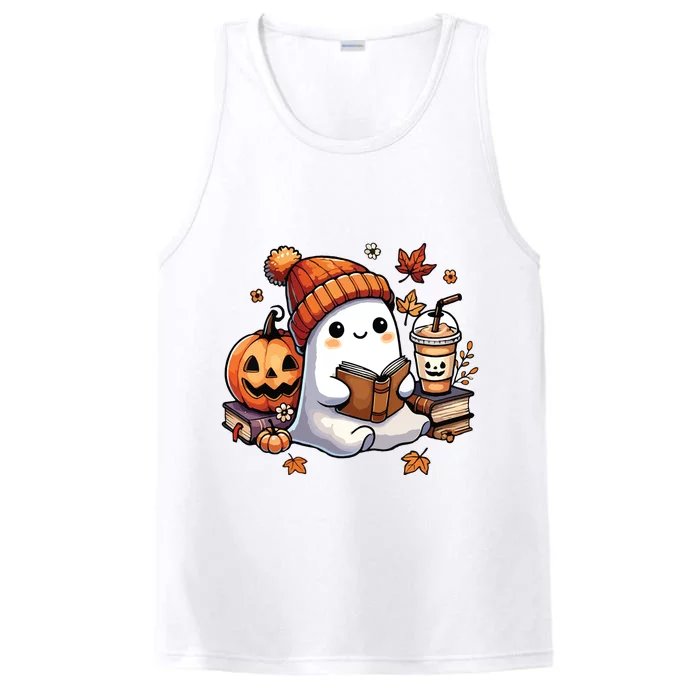 Cute Ghost Reading Book Lovers Halloween Ghost Coffee Women Performance Tank