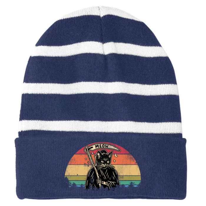 Cat Grim Reaper Vintage Striped Beanie with Solid Band