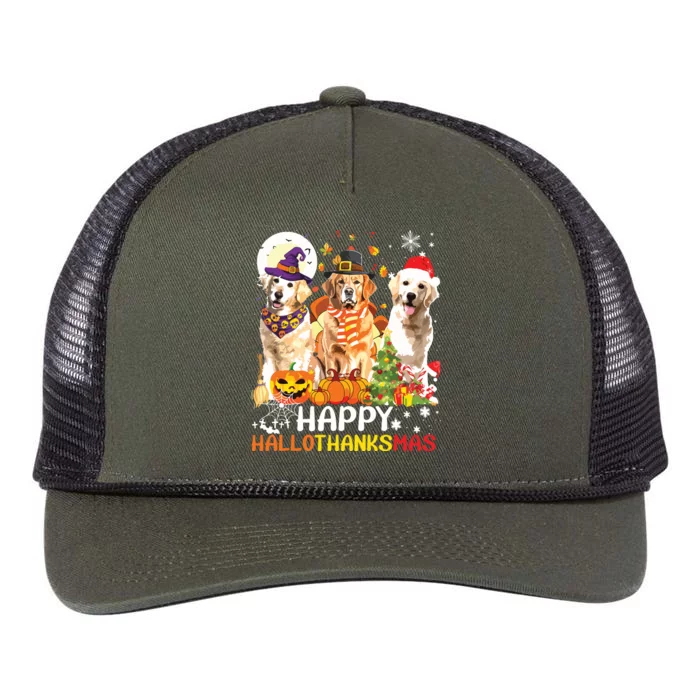 Cute Golden Retriever Happy Hallothanksmas Halloween Xmas Retro Rope Trucker Hat Cap