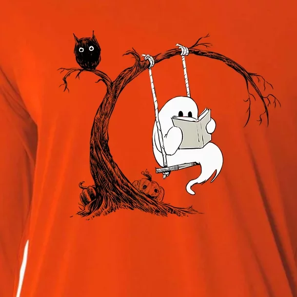 Cute Ghost Swinging Reading Book Halloween Ghost Costume Gift Cooling Performance Long Sleeve Crew