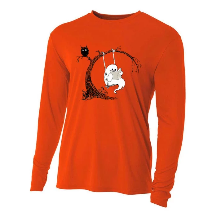 Cute Ghost Swinging Reading Book Halloween Ghost Costume Gift Cooling Performance Long Sleeve Crew