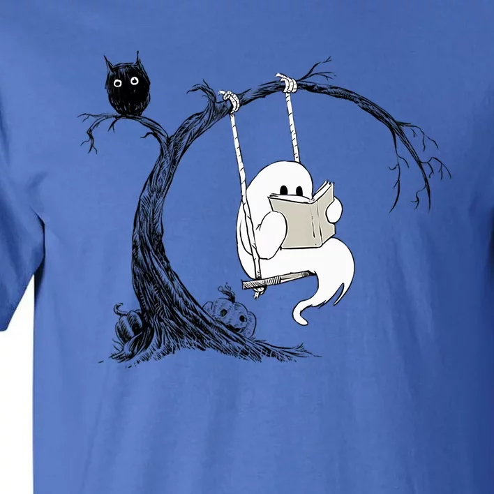 Cute Ghost Swinging Reading Book Halloween Ghost Costume Gift Tall T-Shirt