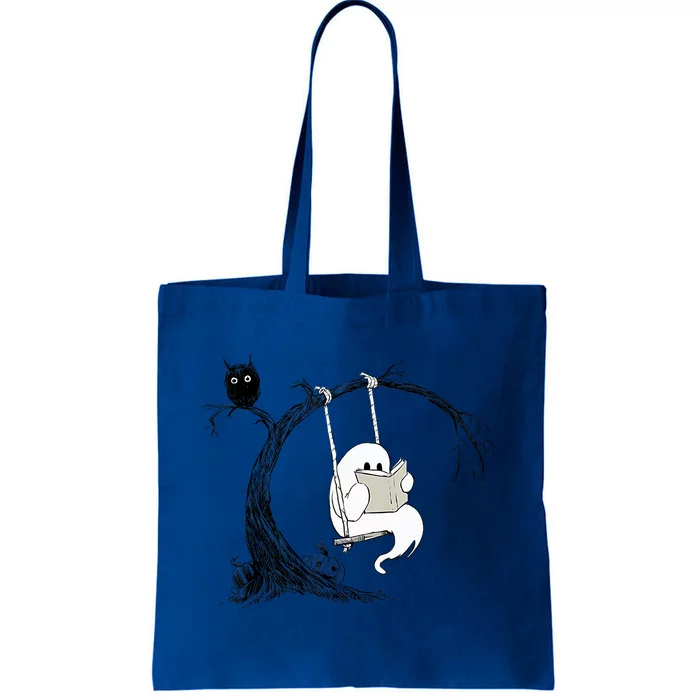 Cute Ghost Swinging Reading Book Halloween Ghost Costume Gift Tote Bag