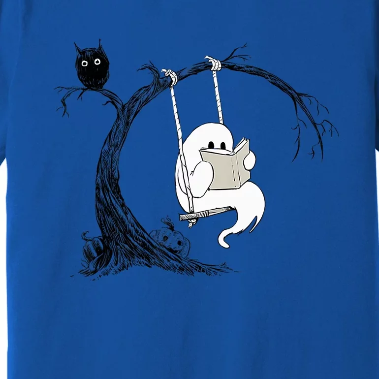 Cute Ghost Swinging Reading Book Halloween Ghost Costume Gift Premium T-Shirt