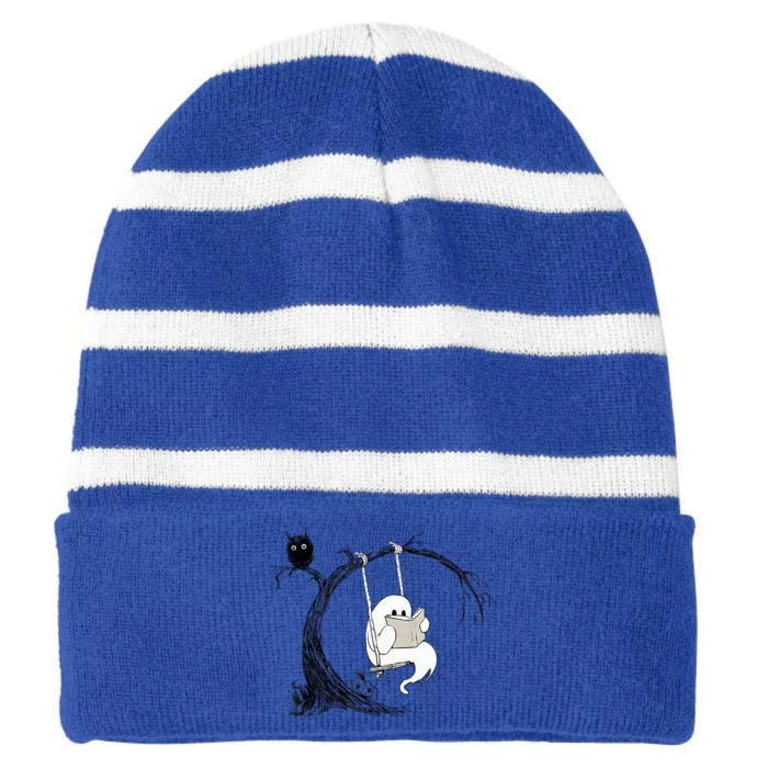 Cute Ghost Swinging Reading Book Halloween Ghost Costume Gift Striped Beanie with Solid Band