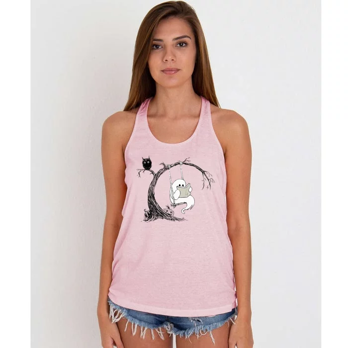 Cute Ghost Swinging Reading Book Halloween Ghost Costume Gift Women's Knotted Racerback Tank