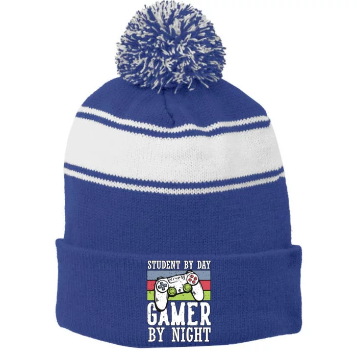 Cool Gaming Student By Day Gamer By Night Funny Quote Front Great Gift Stripe Pom Pom Beanie